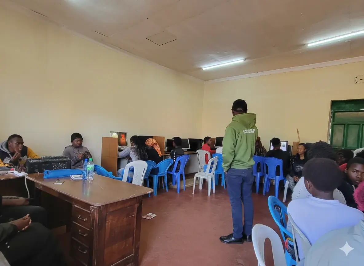 Youth receiving digital training in a computer lab