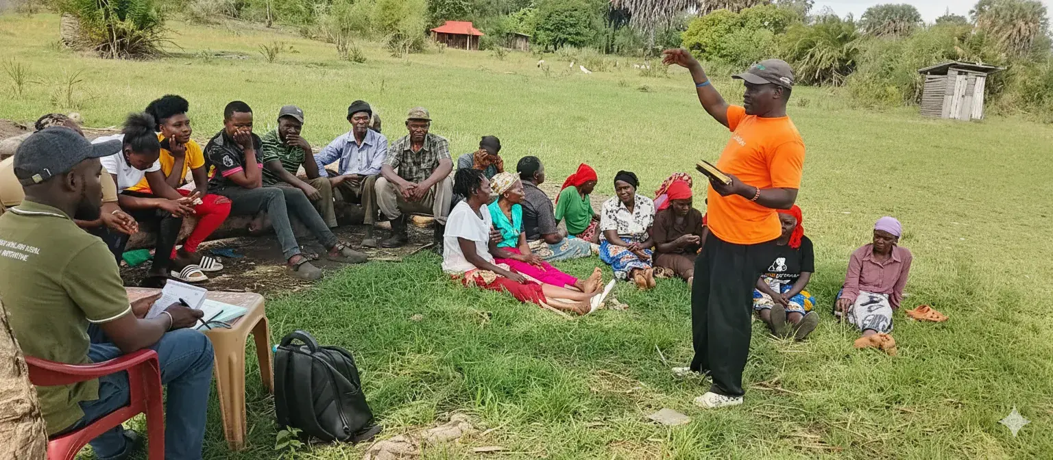 Trainer leading a community session in the field